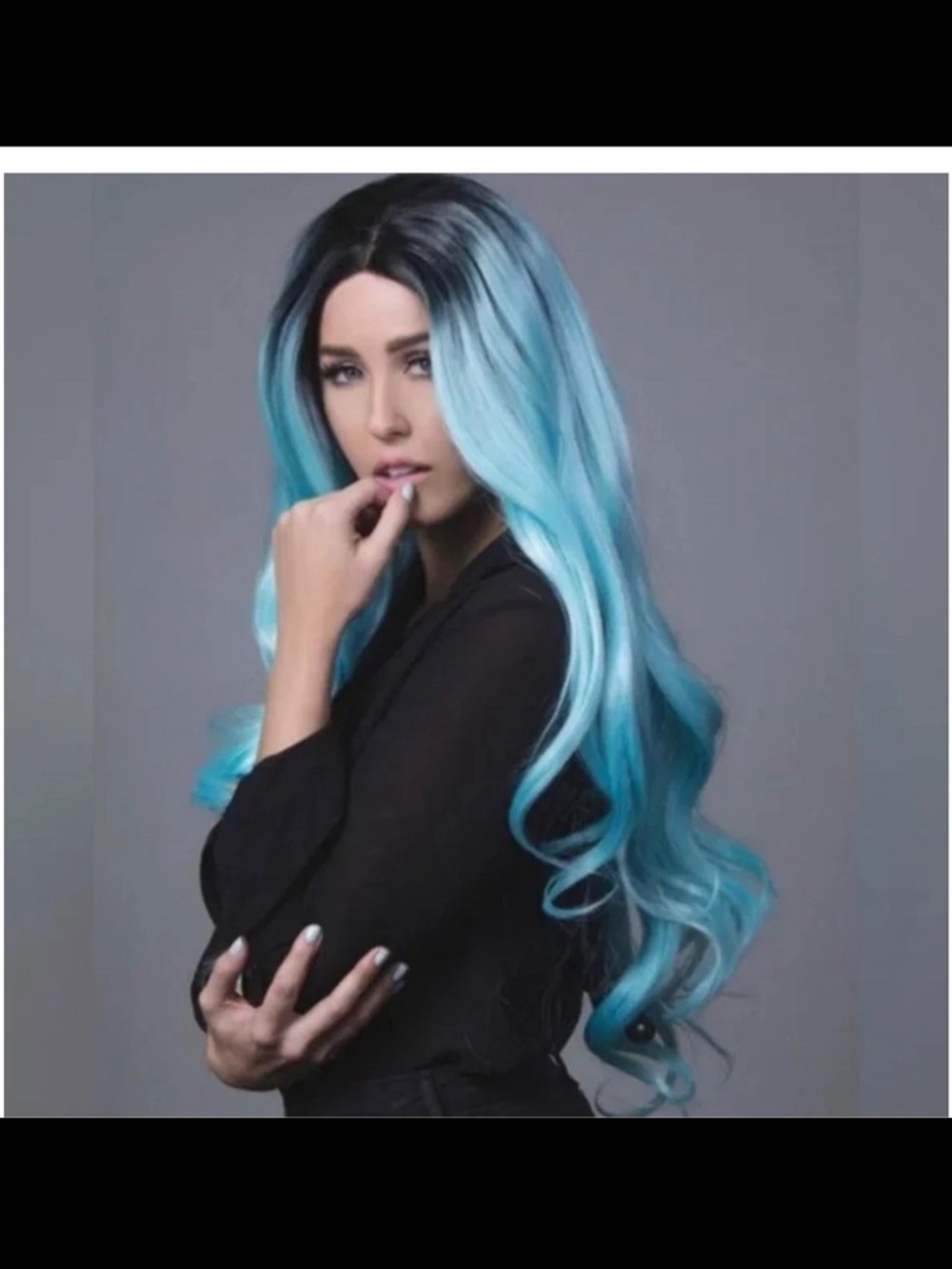 BELLAMI Long Two-Tone Aqua Blue Wig with Dark Roots